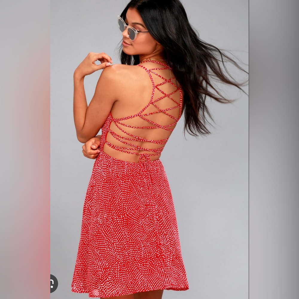 Lulu’s Happy Together Red Polka Dot Lace-Up Dress